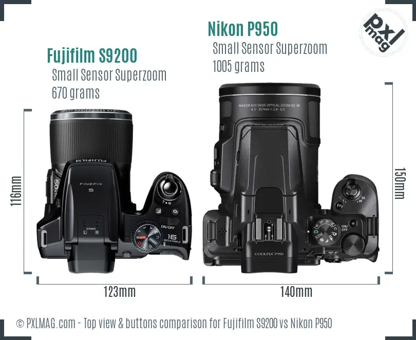 Fujifilm S9200 vs Nikon P950 top view buttons comparison