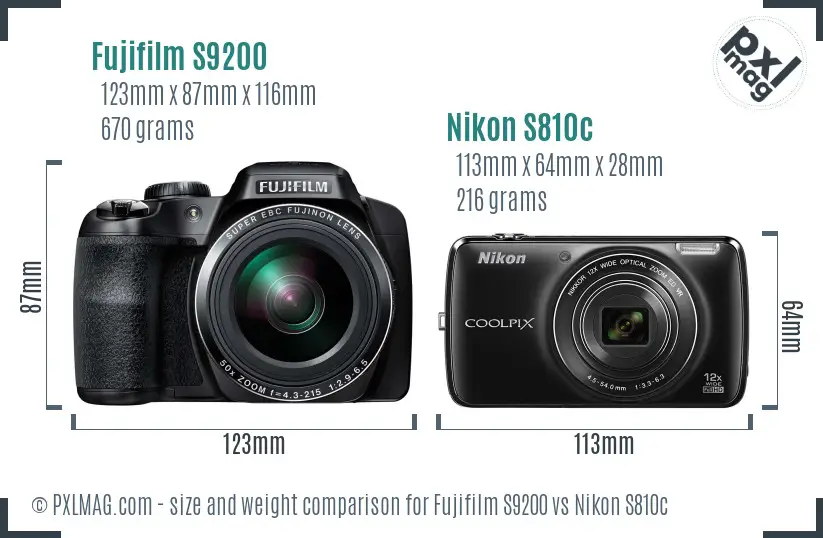 Fujifilm S9200 vs Nikon S810c size comparison