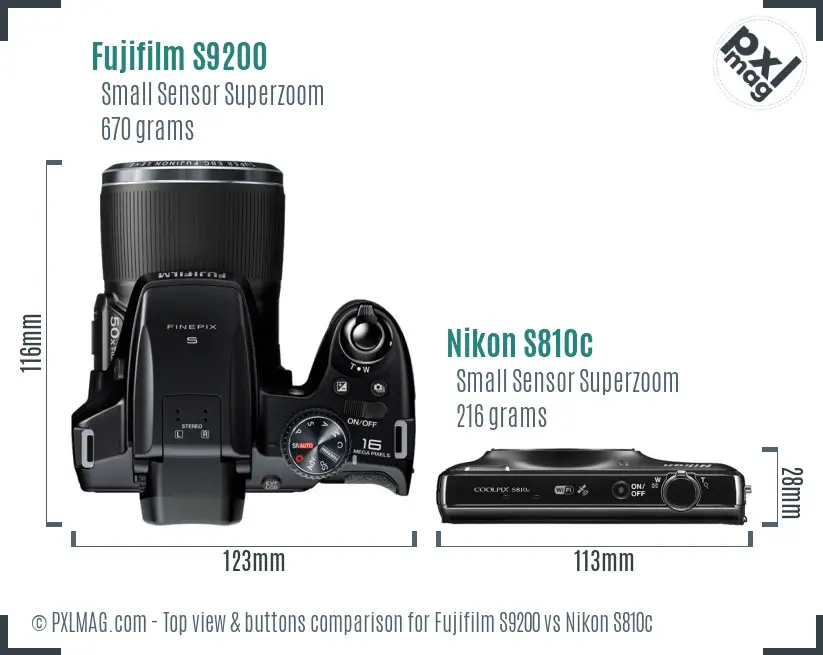 Fujifilm S9200 vs Nikon S810c top view buttons comparison