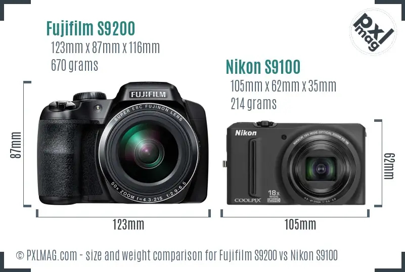 Fujifilm S9200 vs Nikon S9100 size comparison