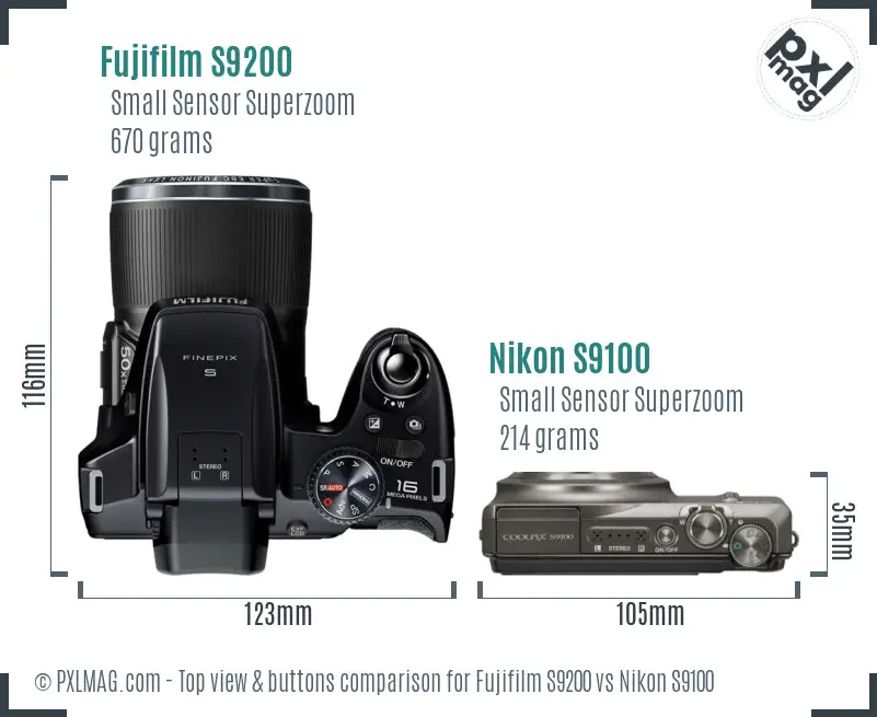 Fujifilm S9200 vs Nikon S9100 top view buttons comparison