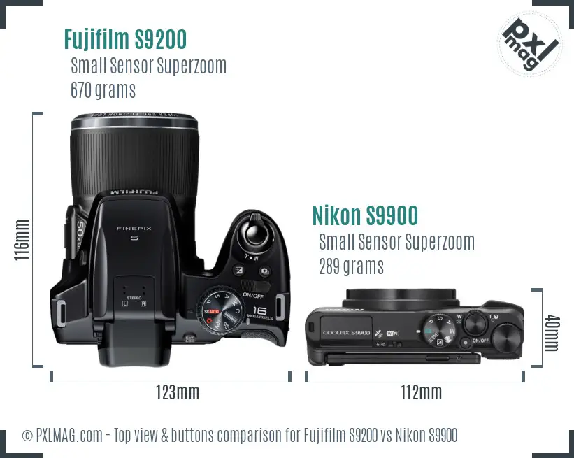 Fujifilm S9200 vs Nikon S9900 top view buttons comparison Fujifilm S9200 vs Nikon S9900 top view buttons comparison