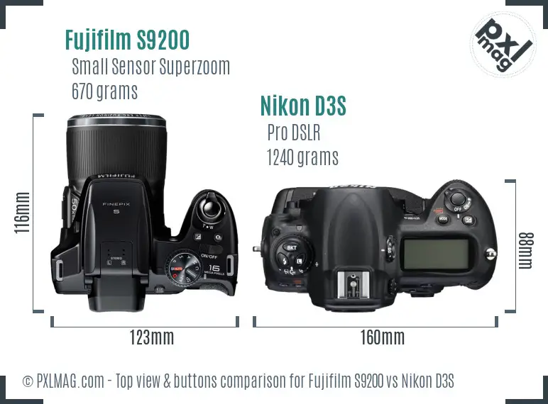 Fujifilm S9200 vs Nikon D3S top view buttons comparison