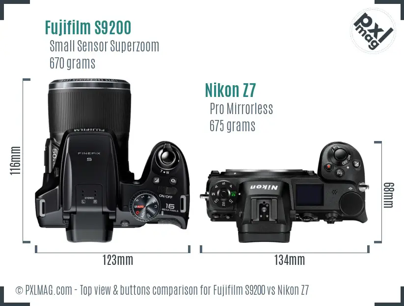 Fujifilm S9200 vs Nikon Z7 top view buttons comparison
