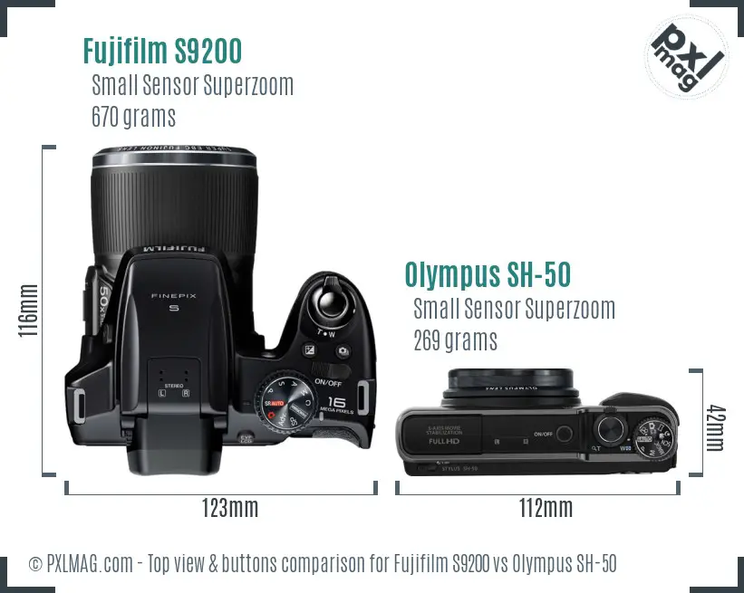 Fujifilm S9200 vs Olympus SH-50 top view buttons comparison