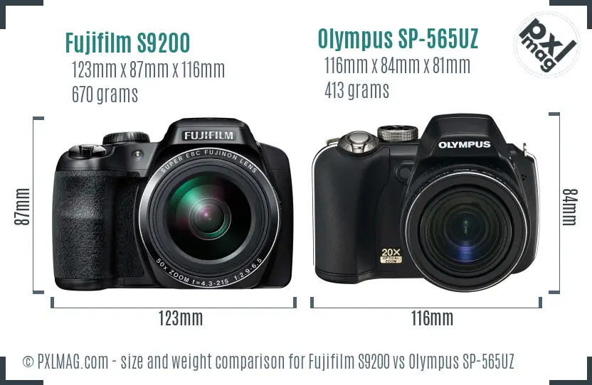 Fujifilm S9200 vs Olympus SP-565UZ size comparison Fujifilm S9200 vs Olympus SP-565UZ size comparison