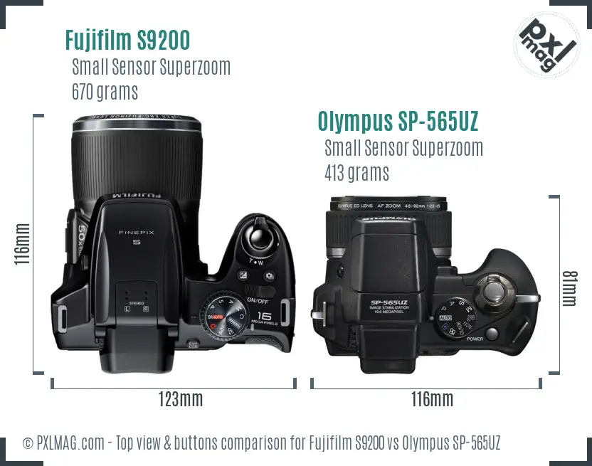 Fujifilm S9200 vs Olympus SP-565UZ top view buttons comparison Fujifilm S9200 vs Olympus SP-565UZ top view buttons comparison