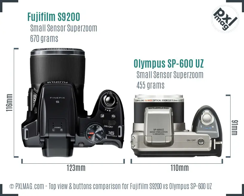 Fujifilm S9200 vs Olympus SP-600 UZ top view buttons comparison