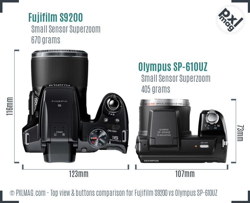 Fujifilm S9200 vs Olympus SP-610UZ top view buttons comparison