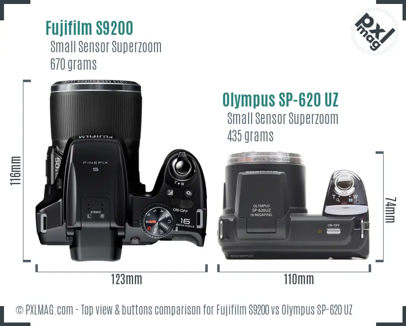 Fujifilm S9200 vs Olympus SP-620 UZ top view buttons comparison Fujifilm S9200 vs Olympus SP-620 UZ top view buttons comparison
