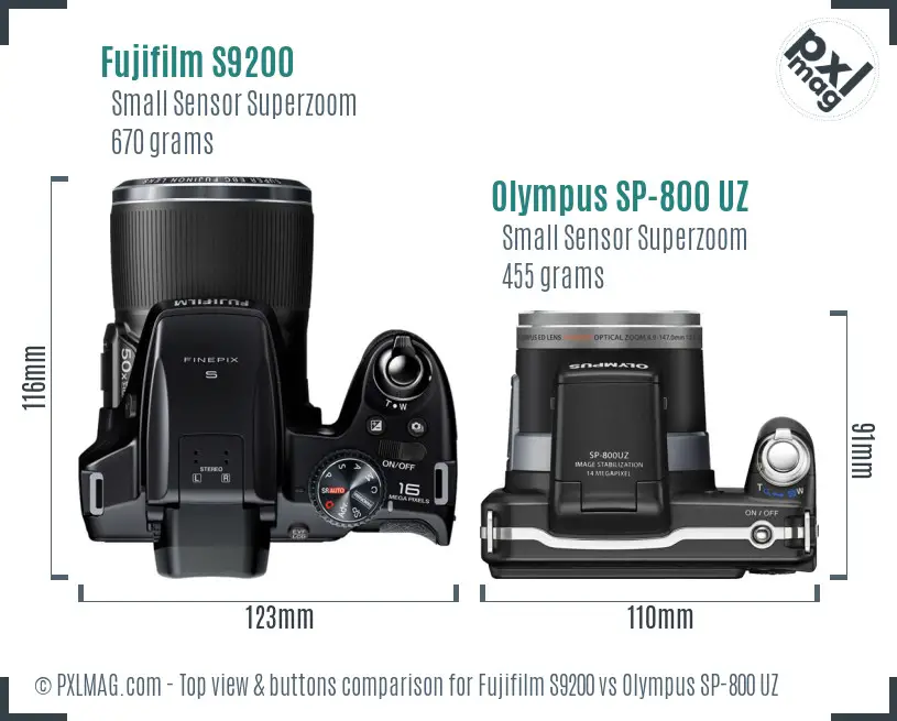 Fujifilm S9200 vs Olympus SP-800 UZ top view buttons comparison