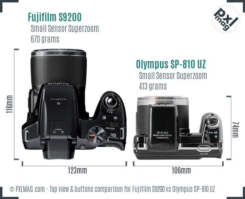 Fujifilm S9200 vs Olympus SP-810 UZ top view buttons comparison Fujifilm S9200 vs Olympus SP-810 UZ top view buttons comparison
