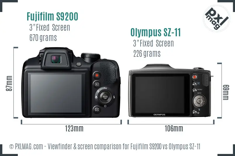 Fujifilm S9200 vs Olympus SZ-11 Screen and Viewfinder comparison