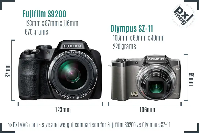 Fujifilm S9200 vs Olympus SZ-11 size comparison