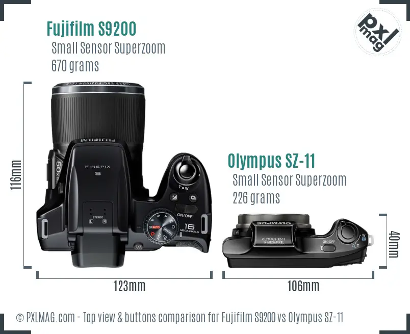 Fujifilm S9200 vs Olympus SZ-11 top view buttons comparison
