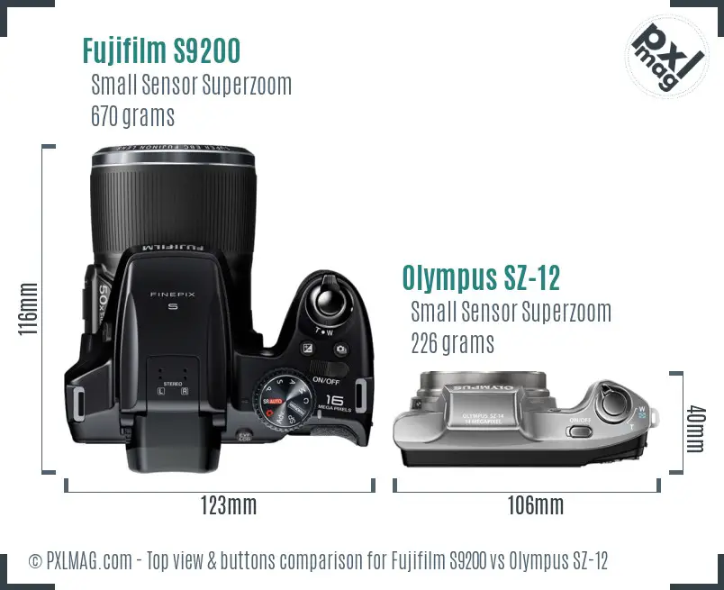 Fujifilm S9200 vs Olympus SZ-12 top view buttons comparison Fujifilm S9200 vs Olympus SZ-12 top view buttons comparison