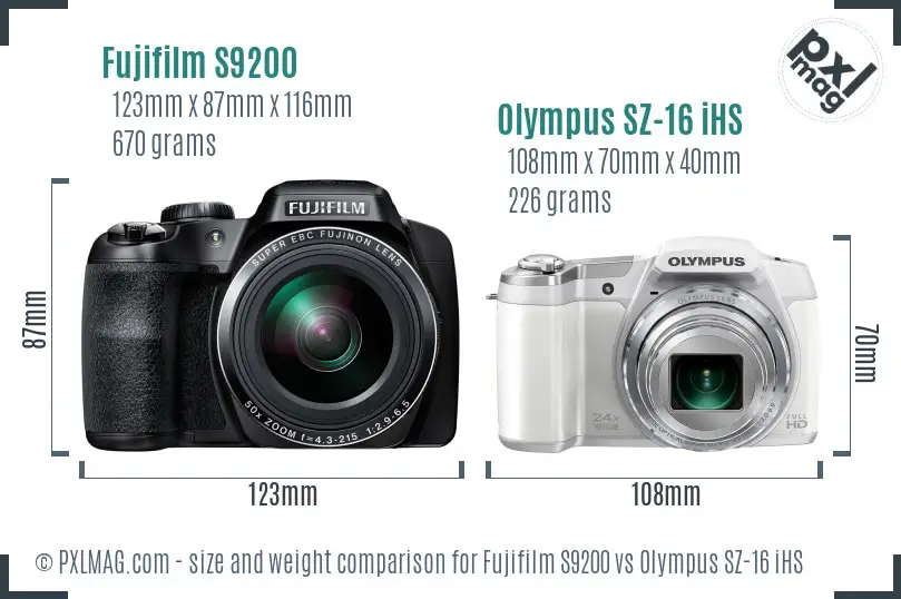 Fujifilm S9200 vs Olympus SZ-16 iHS size comparison