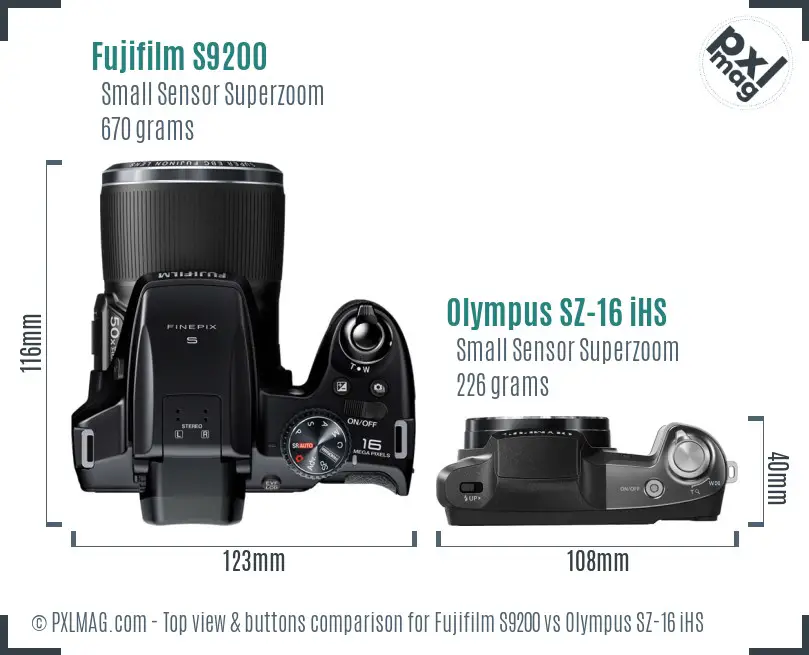 Fujifilm S9200 vs Olympus SZ-16 iHS top view buttons comparison