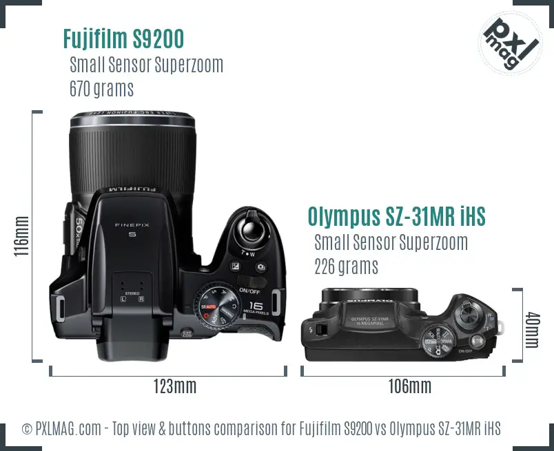 Fujifilm S9200 vs Olympus SZ-31MR iHS top view buttons comparison