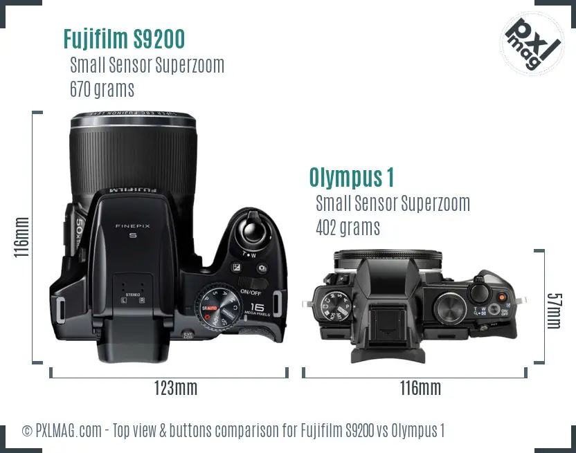 Fujifilm S9200 vs Olympus 1 top view buttons comparison Fujifilm S9200 vs Olympus 1 top view buttons comparison
