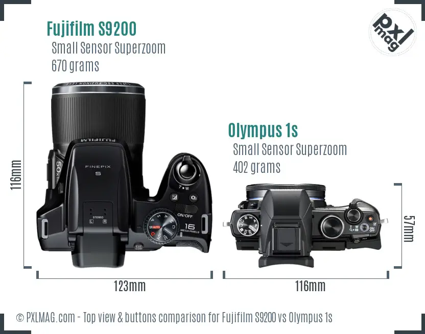 Fujifilm S9200 vs Olympus 1s top view buttons comparison