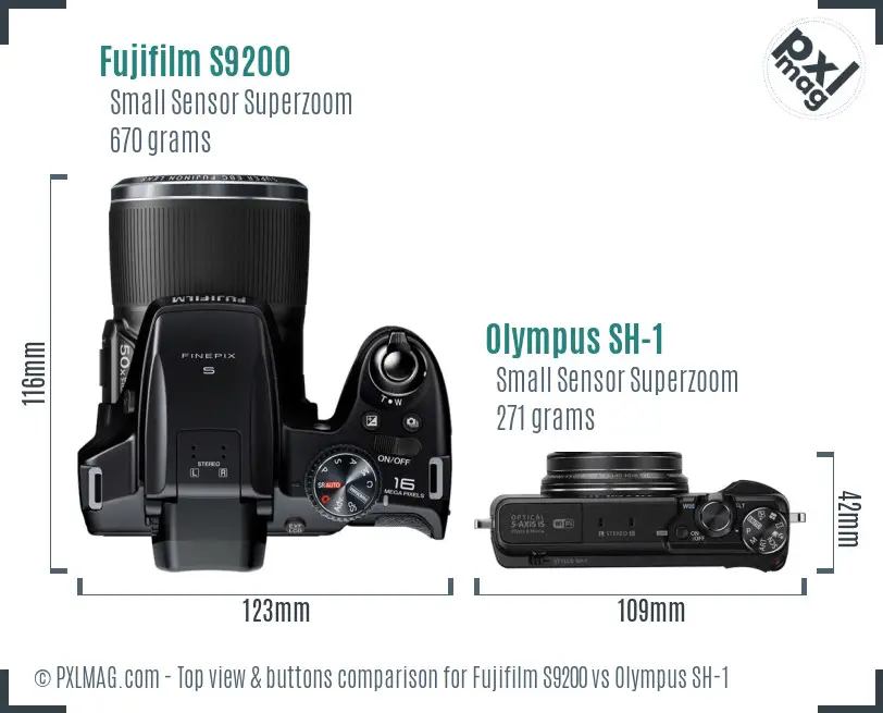 Fujifilm S9200 vs Olympus SH-1 top view buttons comparison