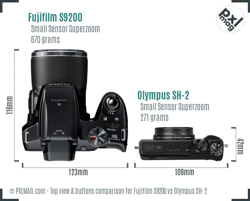 Fujifilm S9200 vs Olympus SH-2 top view buttons comparison