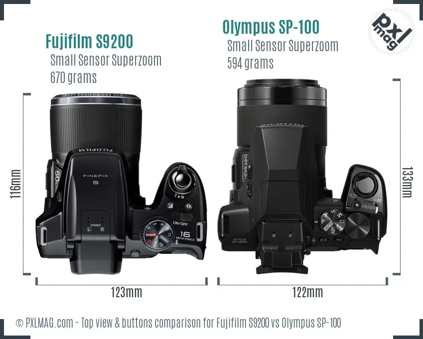 Fujifilm S9200 vs Olympus SP-100 top view buttons comparison