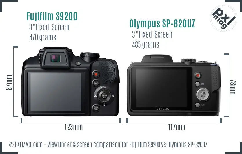 Fujifilm S9200 vs Olympus SP-820UZ Screen and Viewfinder comparison
