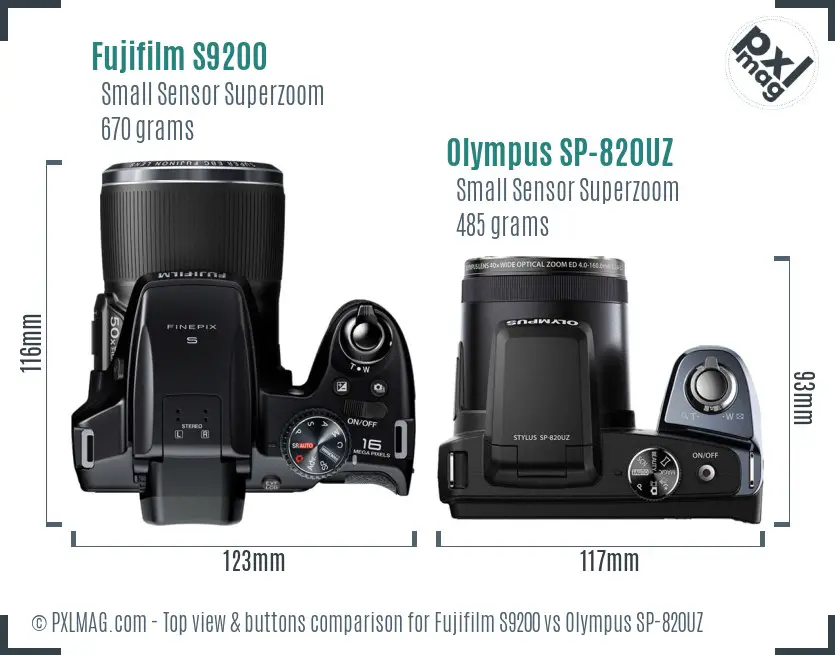 Fujifilm S9200 vs Olympus SP-820UZ top view buttons comparison