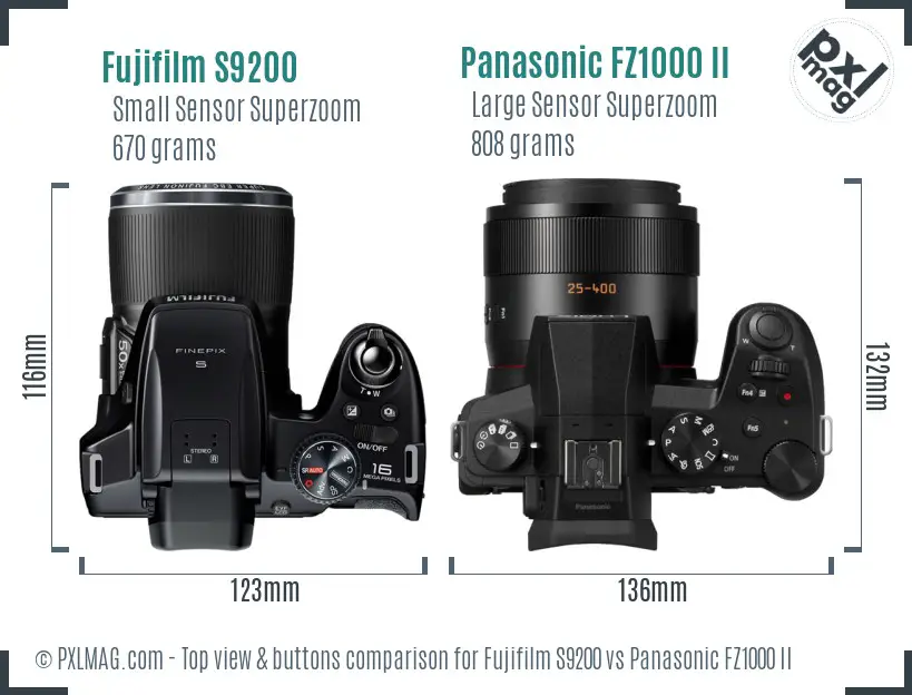 Fujifilm S9200 vs Panasonic FZ1000 II top view buttons comparison Fujifilm S9200 vs Panasonic FZ1000 II top view buttons comparison