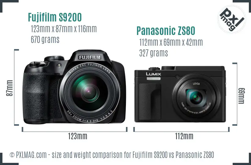 Fujifilm S9200 vs Panasonic ZS80 size comparison