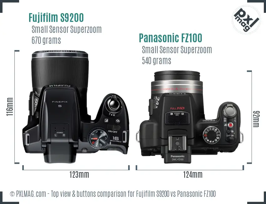 Fujifilm S9200 vs Panasonic FZ100 top view buttons comparison