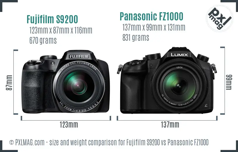 Fujifilm S9200 vs Panasonic FZ1000 size comparison