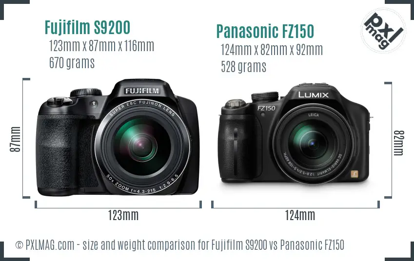 Fujifilm S9200 vs Panasonic FZ150 size comparison