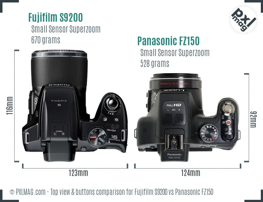 Fujifilm S9200 vs Panasonic FZ150 top view buttons comparison