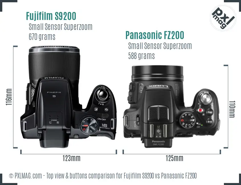Fujifilm S9200 vs Panasonic FZ200 top view buttons comparison