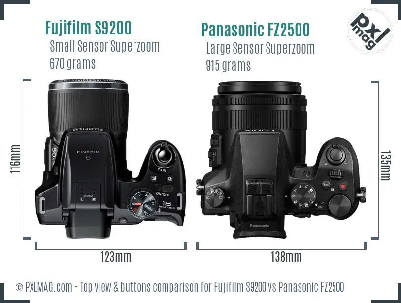 Fujifilm S9200 vs Panasonic FZ2500 top view buttons comparison