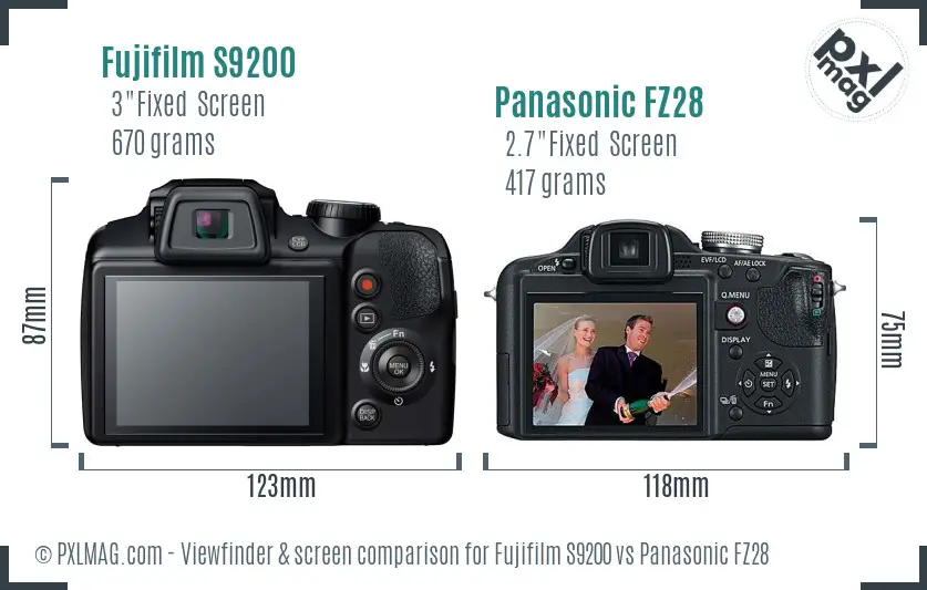 Fujifilm S9200 vs Panasonic FZ28 Screen and Viewfinder comparison