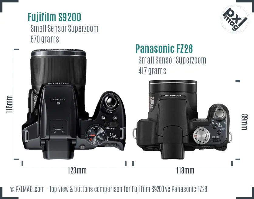 Fujifilm S9200 vs Panasonic FZ28 top view buttons comparison