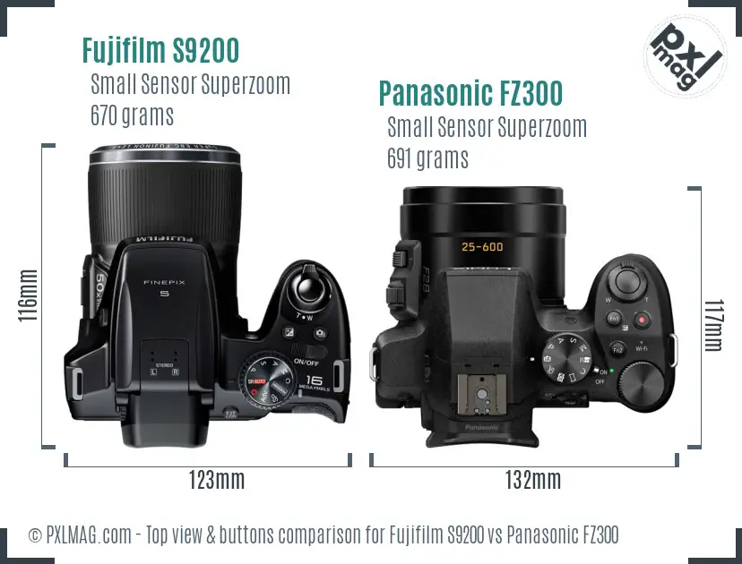 Fujifilm S9200 vs Panasonic FZ300 top view buttons comparison