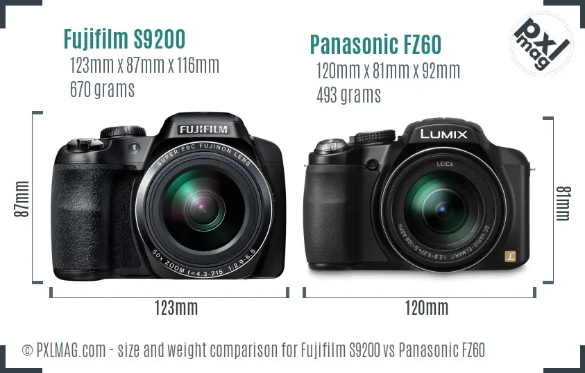 Fujifilm S9200 vs Panasonic FZ60 size comparison