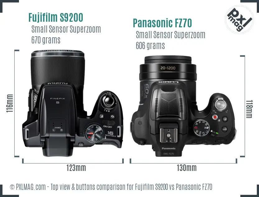 Fujifilm S9200 vs Panasonic FZ70 top view buttons comparison