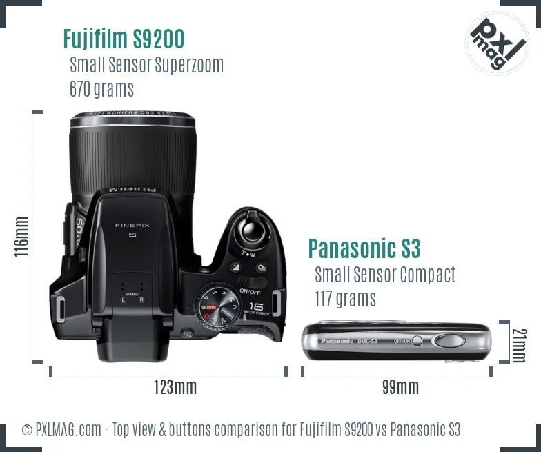 Fujifilm S9200 vs Panasonic S3 top view buttons comparison