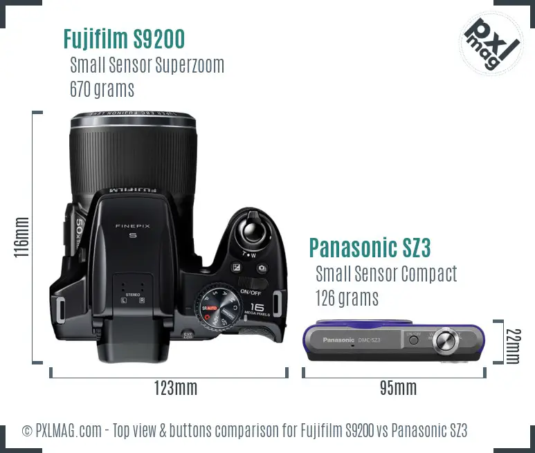 Fujifilm S9200 vs Panasonic SZ3 top view buttons comparison