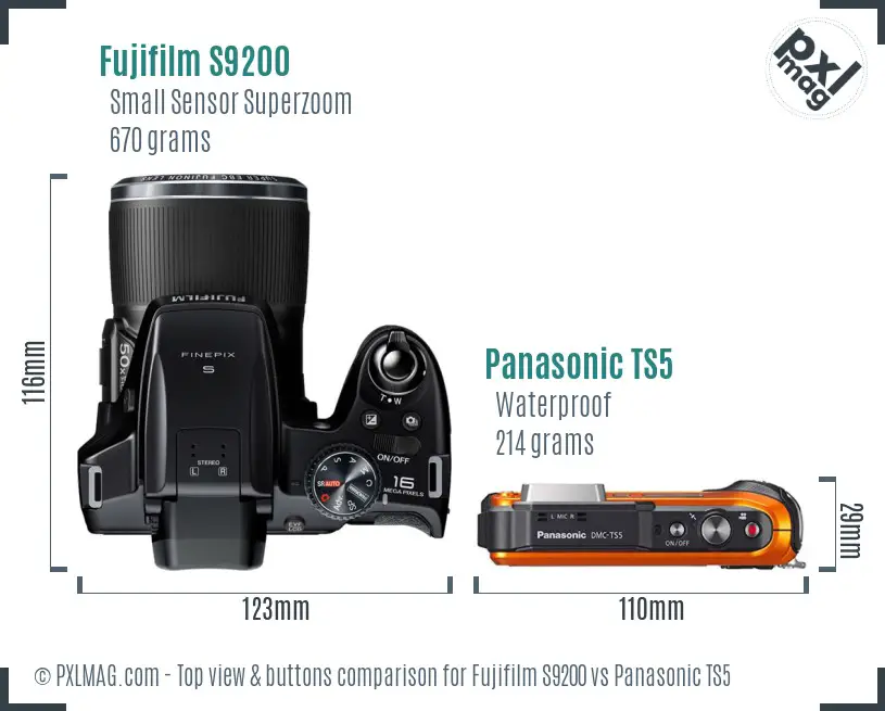 Fujifilm S9200 vs Panasonic TS5 top view buttons comparison