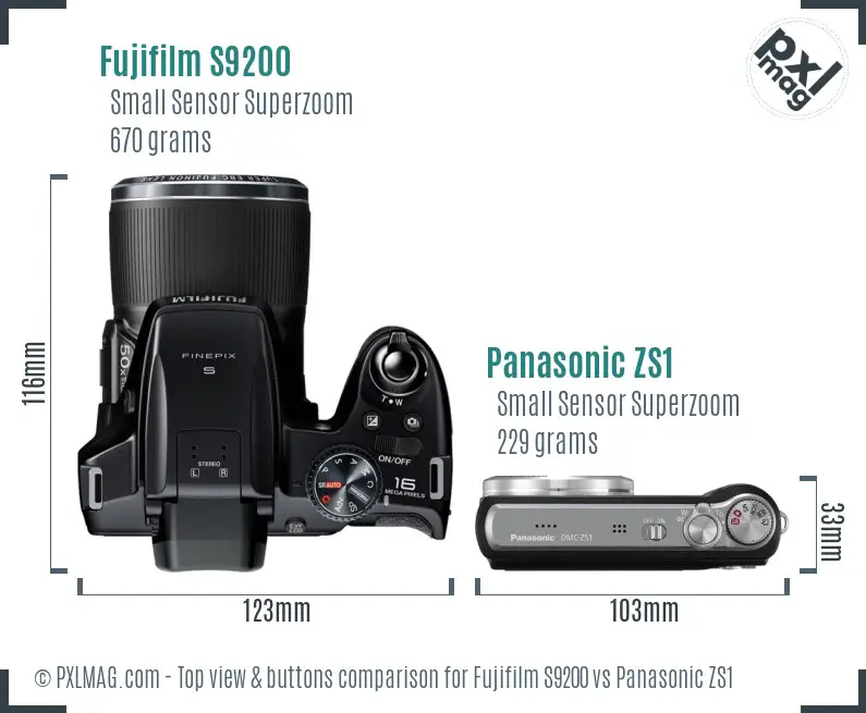 Fujifilm S9200 vs Panasonic ZS1 top view buttons comparison