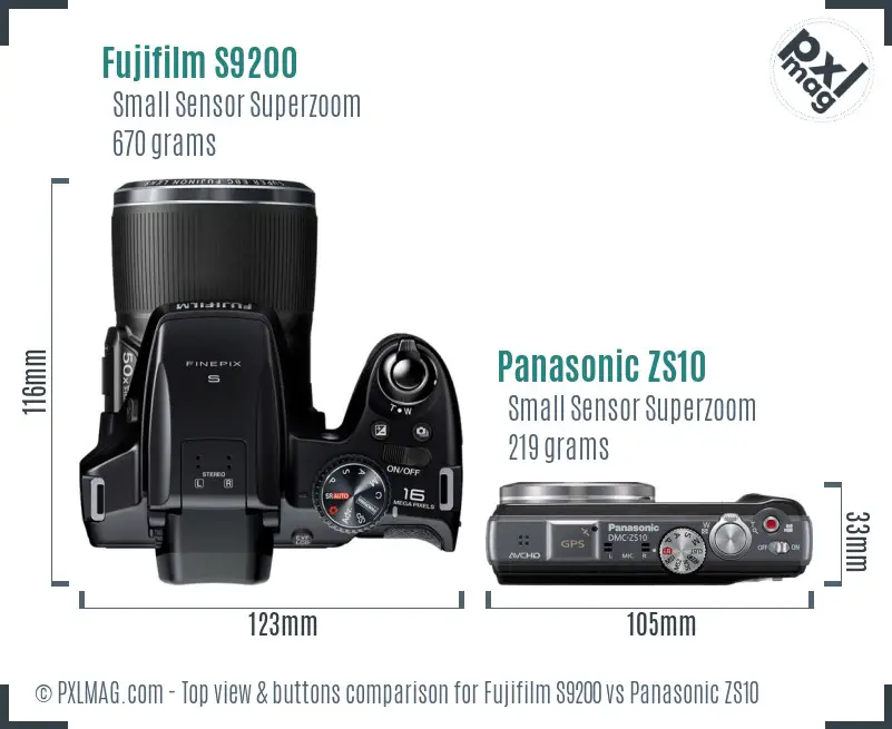 Fujifilm S9200 vs Panasonic ZS10 top view buttons comparison Fujifilm S9200 vs Panasonic ZS10 top view buttons comparison