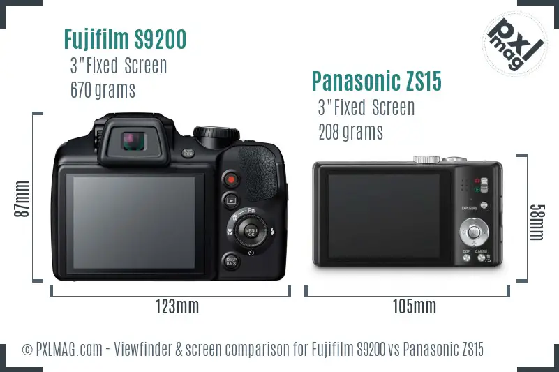 Fujifilm S9200 vs Panasonic ZS15 Screen and Viewfinder comparison