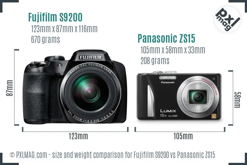 Fujifilm S9200 vs Panasonic ZS15 size comparison